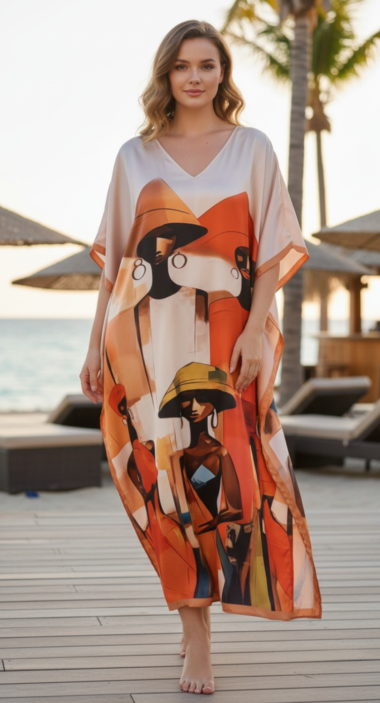 African Lady Beige Satin Kaftan