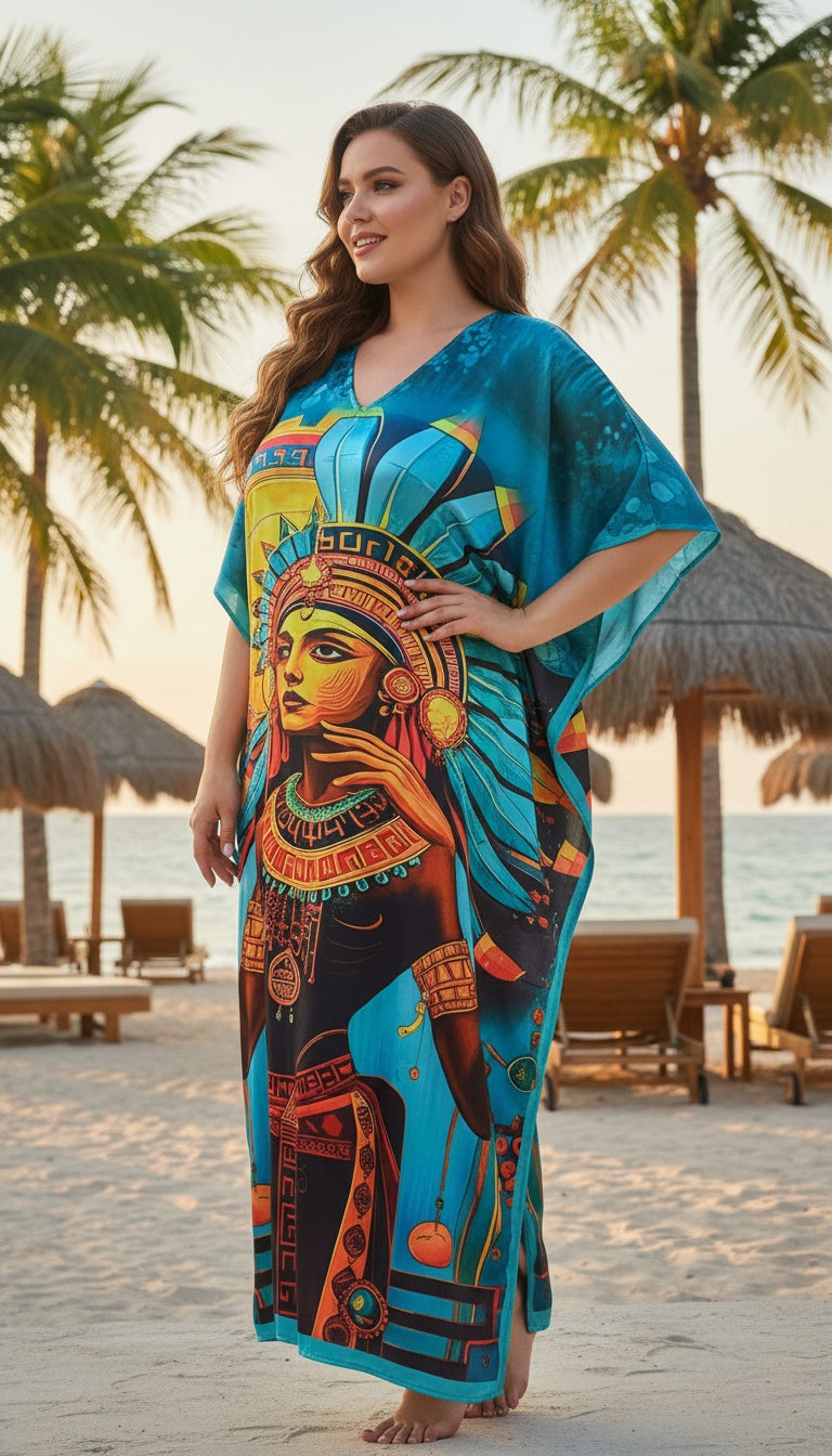 Tribal Teal Satin Plus Size Women Kaftan Maxi Beach Resort Gown