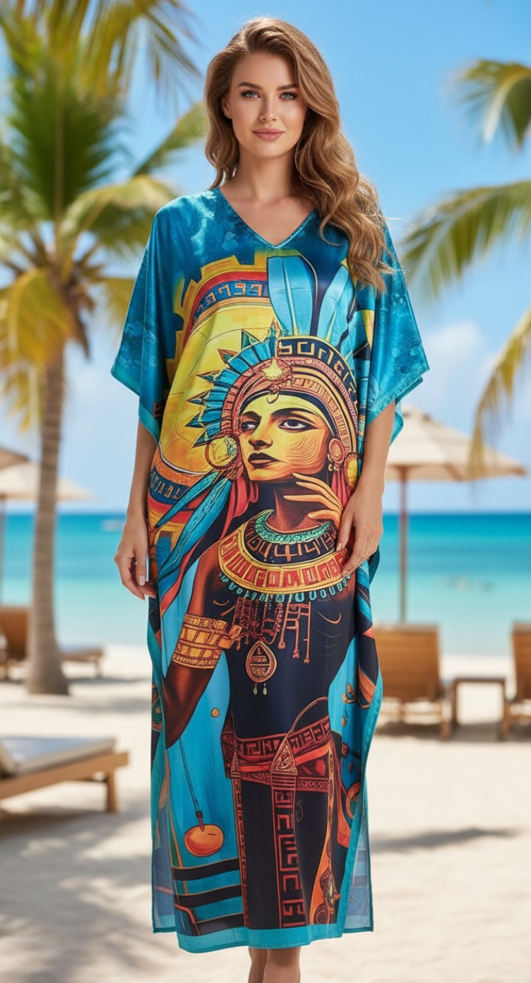 Tribal Teal Satin Plus Size Women Kaftan Maxi Beach Resort Gown