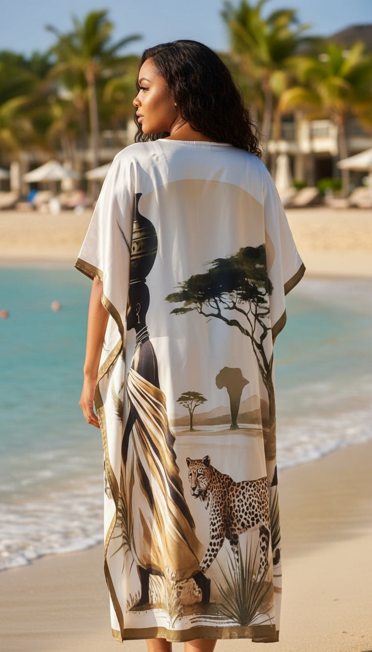 Wildlife Print Cream Satin Plus Size Women Safari Resort Caftan