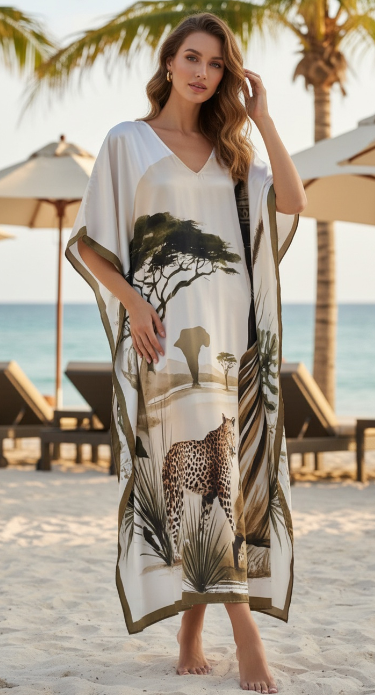 Wildlife Print Cream Satin Plus Size Women Safari Resort Caftan