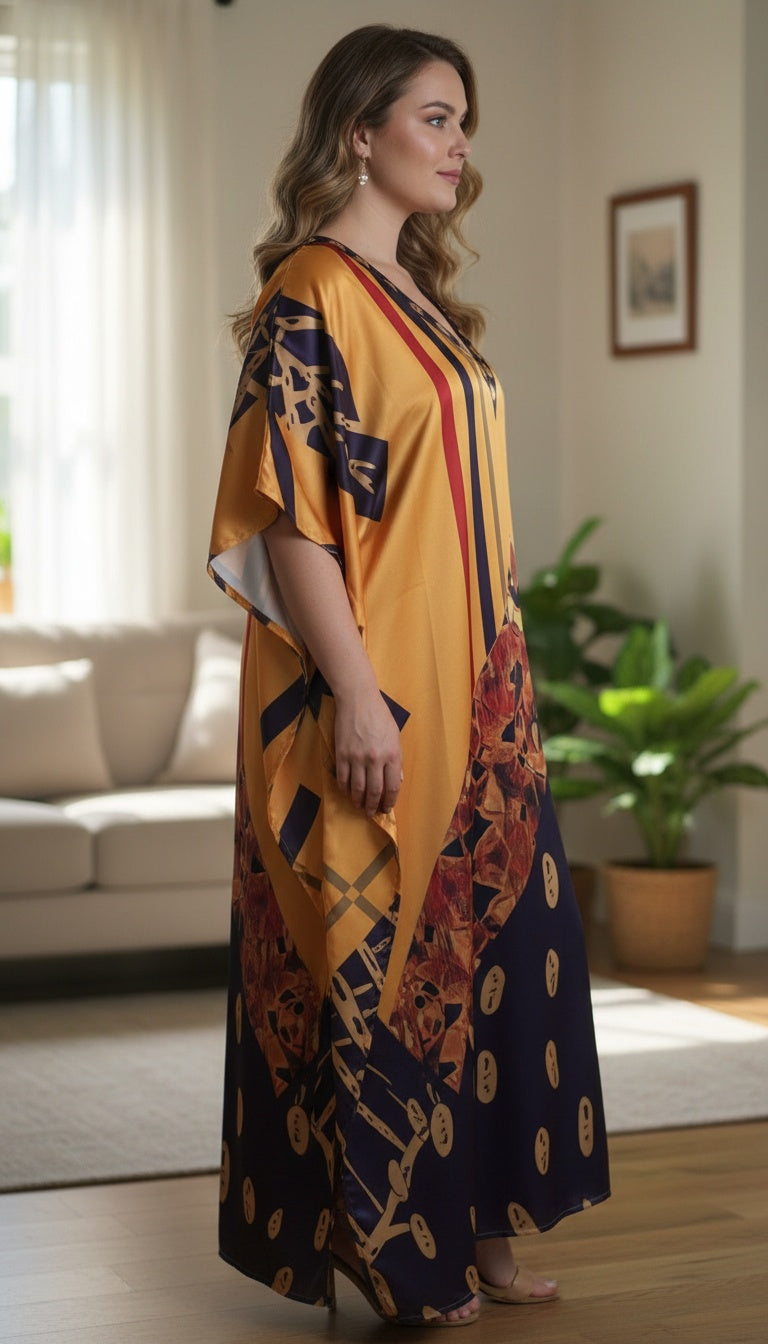 Geometric Burnt Orange Satin Plus Size Women Kaftan Ethnic Evening Dress