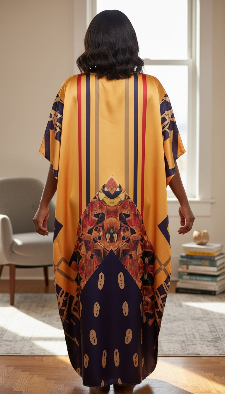 Geometric Burnt Orange Satin Plus Size Women Kaftan Ethnic Evening Dress