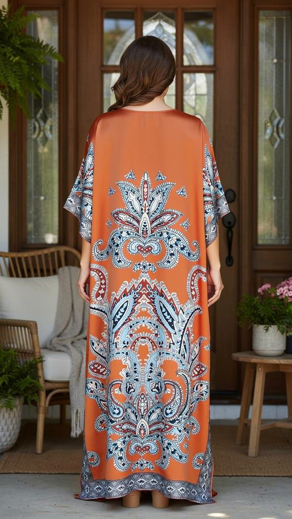 Boho Orange Satin Plus Size Women Kaftan Maxi Bohemian Resort Gown