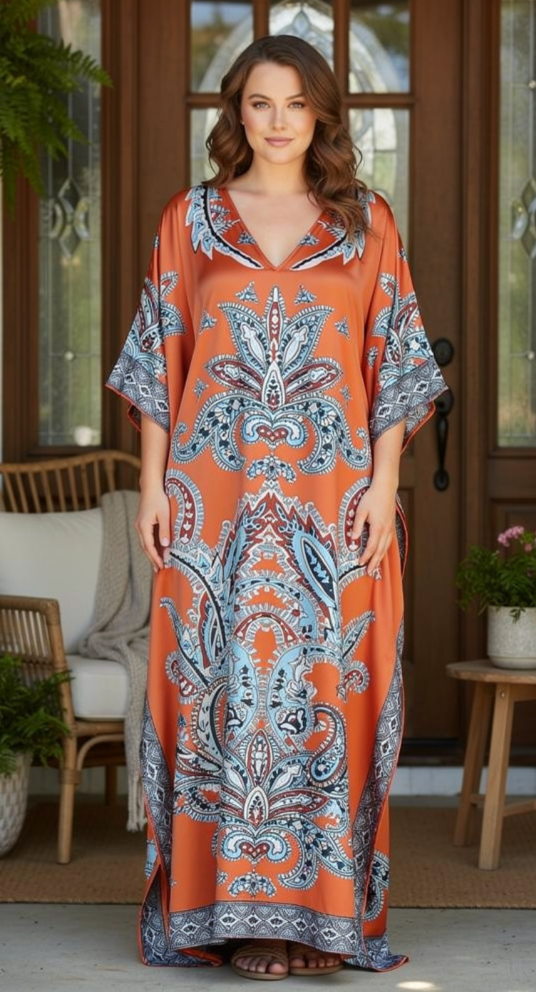 plus size orange maxi dress Boho Orange Satin Kaftan Plus Size 1X-3X Resort Maxi