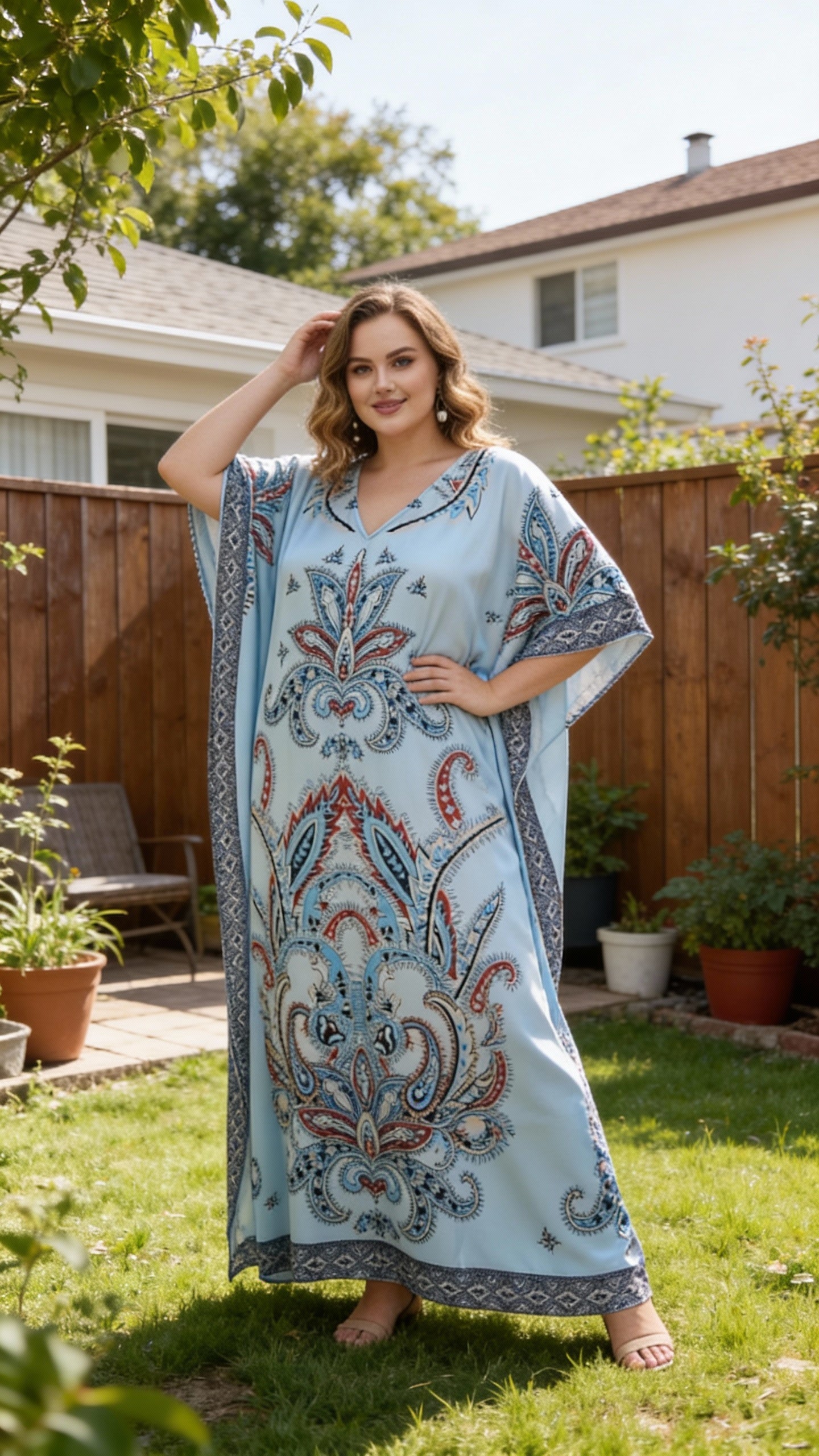 Silver Grey Paisley Satin Women Plus Size Kaftan Dress for Summer