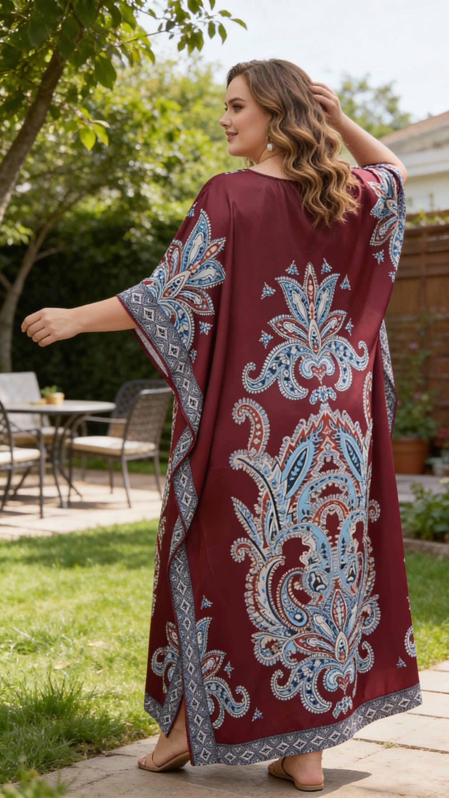 Maroon Paisley Satin Women Plus Size Kaftan Dress for Evening Parties