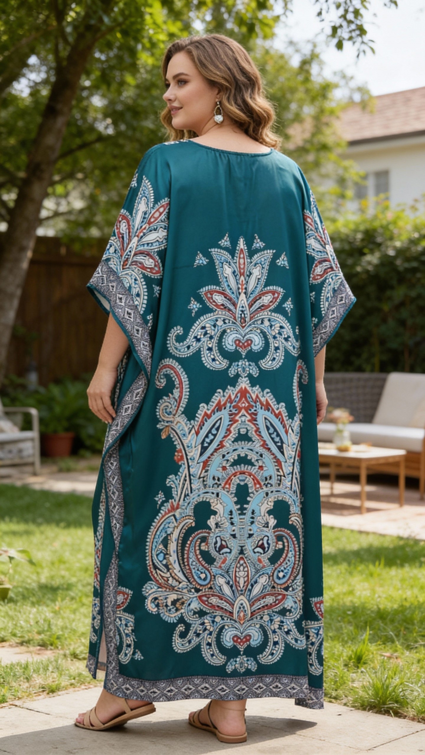 Dark Green Paisley Satin Women Plus Size Kaftan Dress for Daily Wear