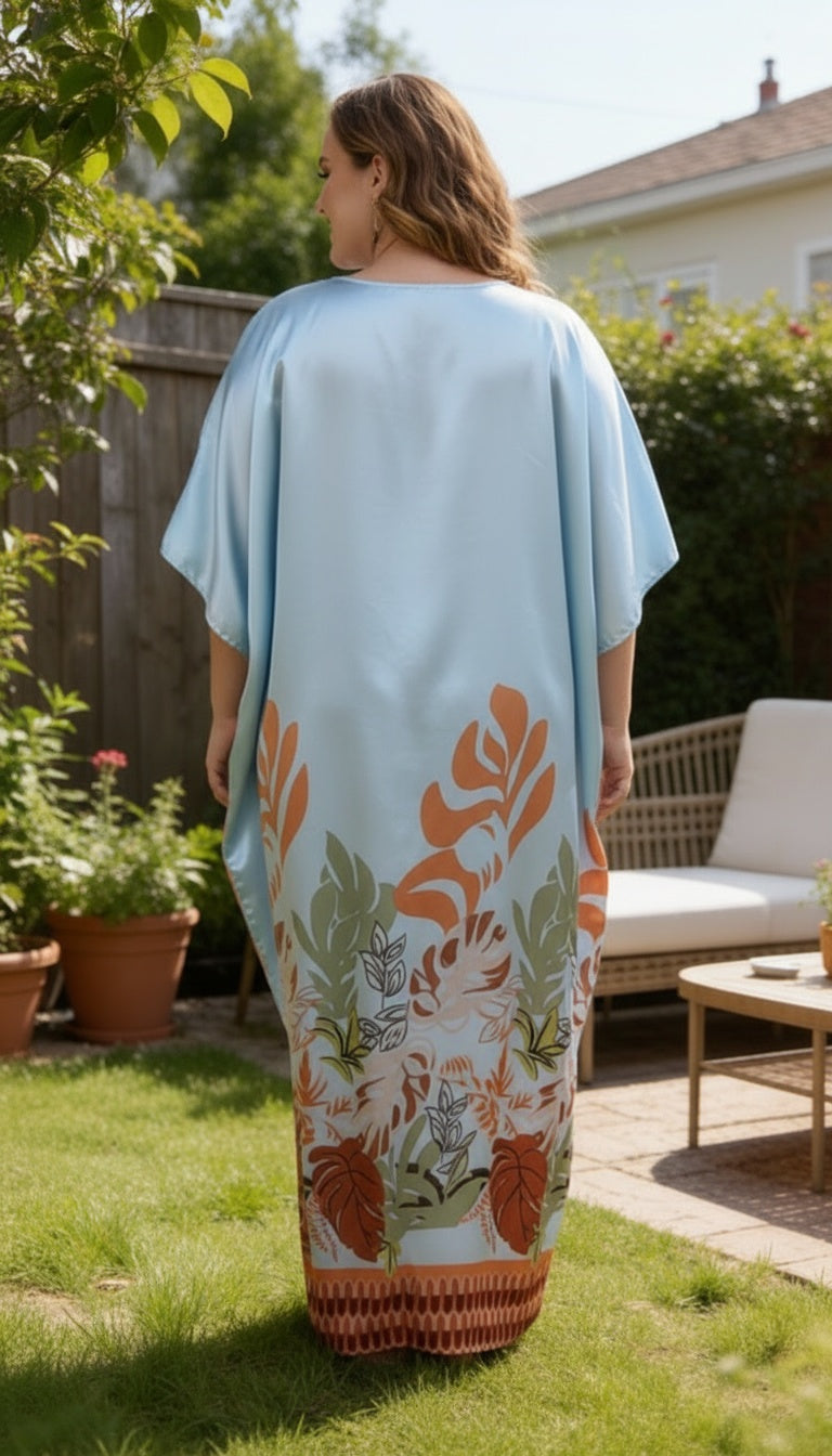 Turquoise Leaf Satin Women Plus Size Kaftan Dress for Beach Resort