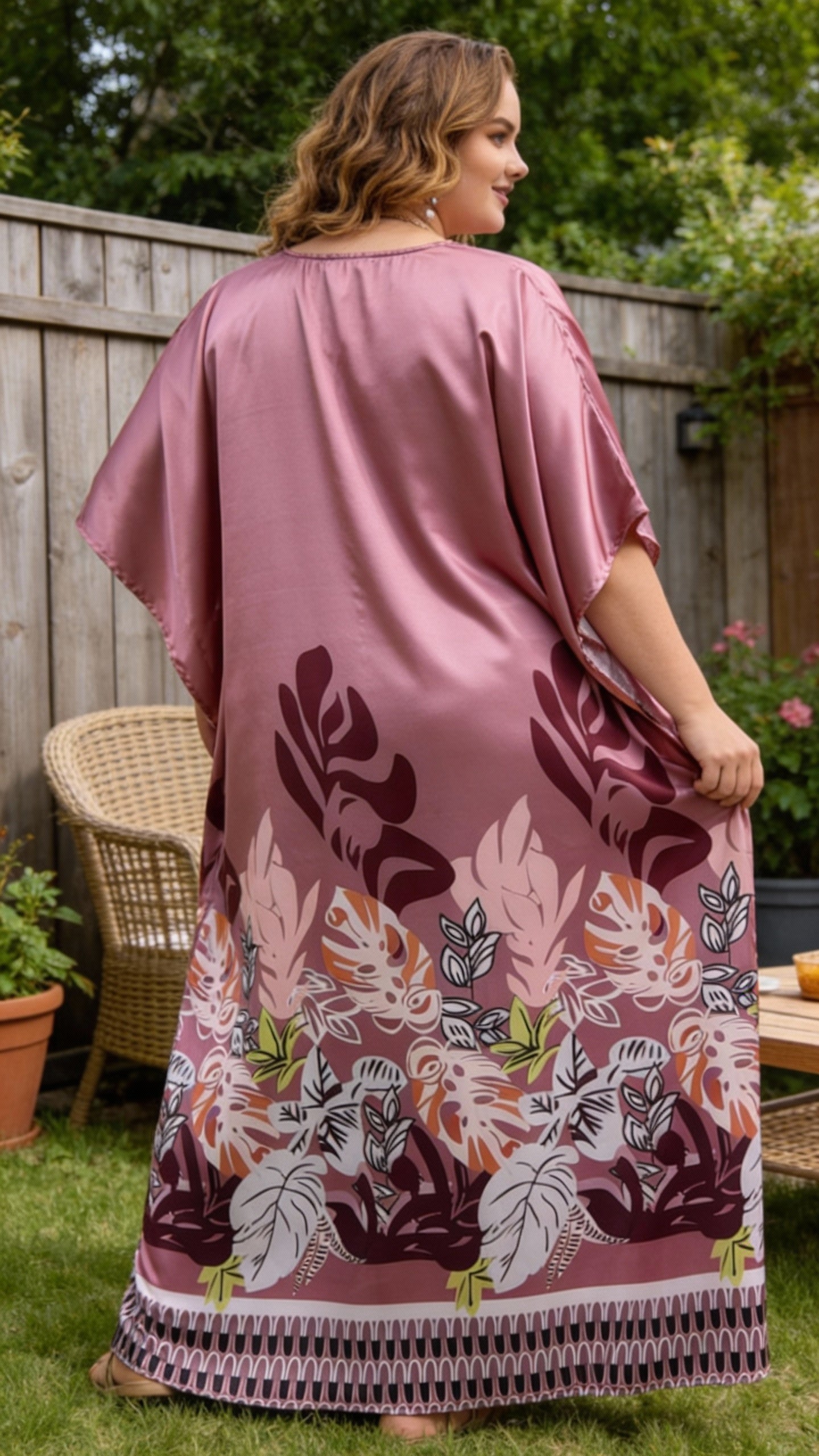 Pink Leaf Satin Women Plus Size Kaftan Dress for Lounge Wear
