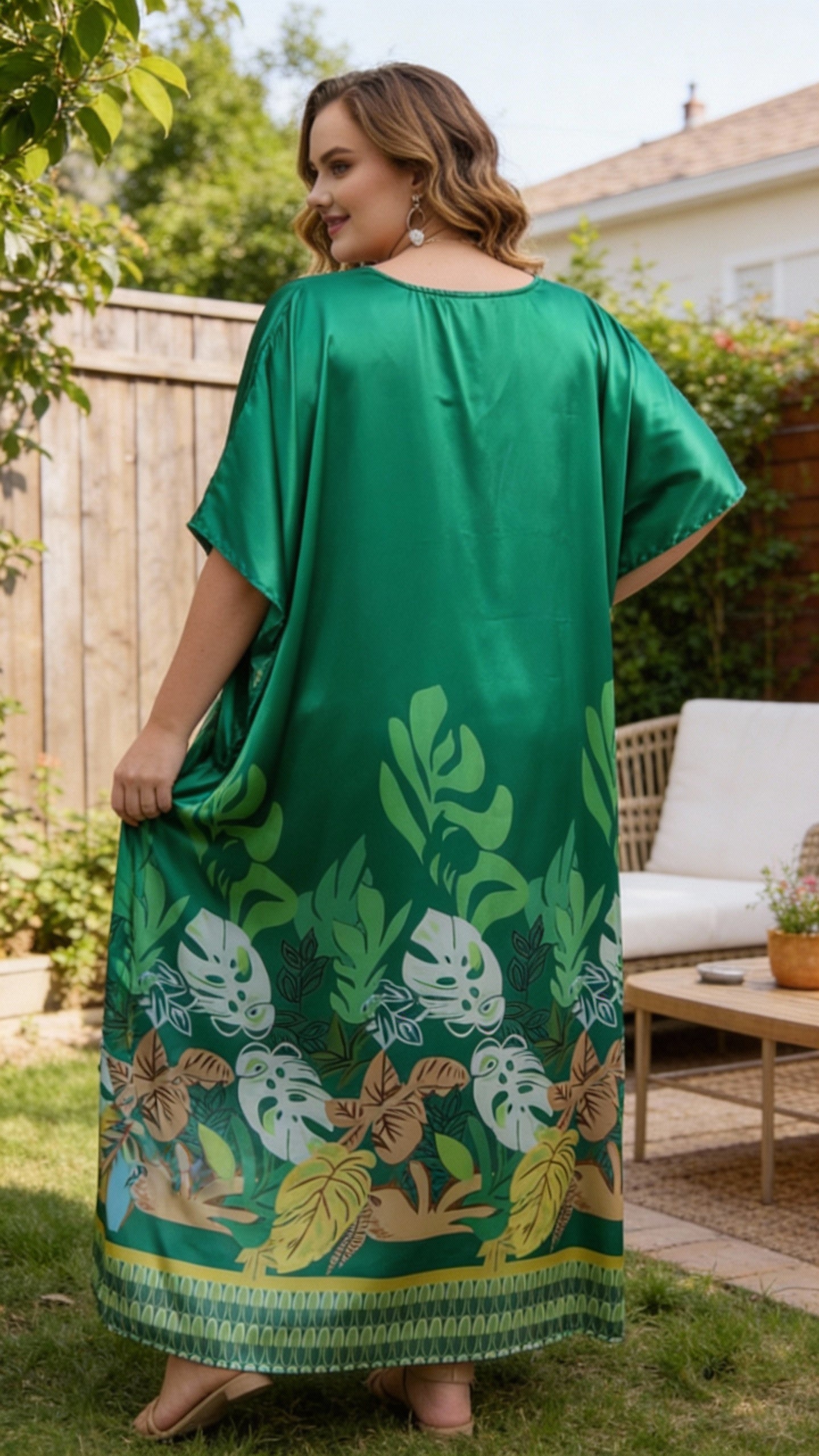 Emerald Green Leaf Satin Women Plus Size Kaftan Dress for Tropical Holidays