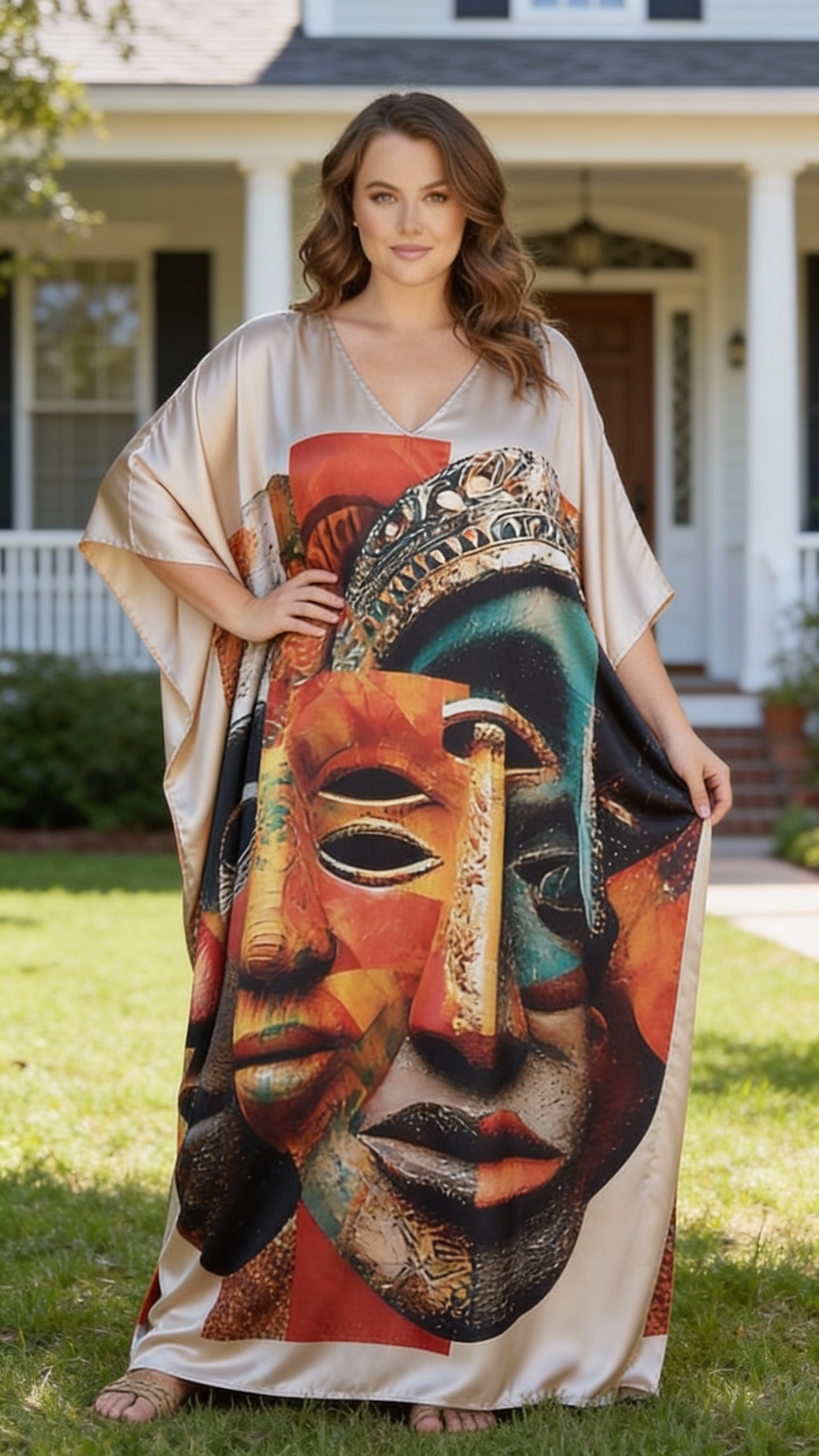 Silver Tribal Mask Satin Women Plus Size Kaftan Dress for Special Occasions