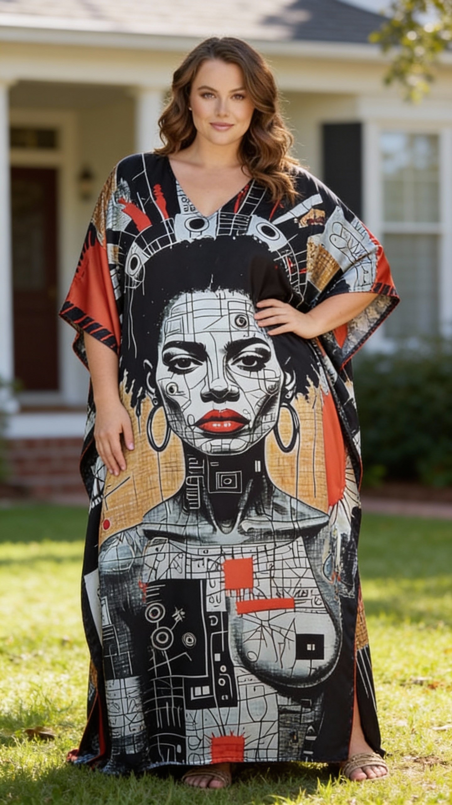 Black Artistic Face Satin Women Plus Size Kaftan Dress for Resort Evenings