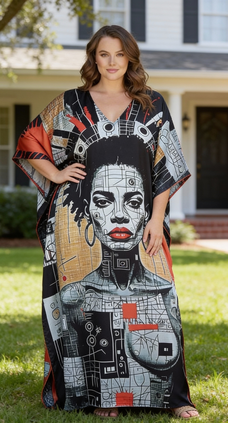 Black Artistic Face Satin Women Plus Size Kaftan Dress for Resort Evenings