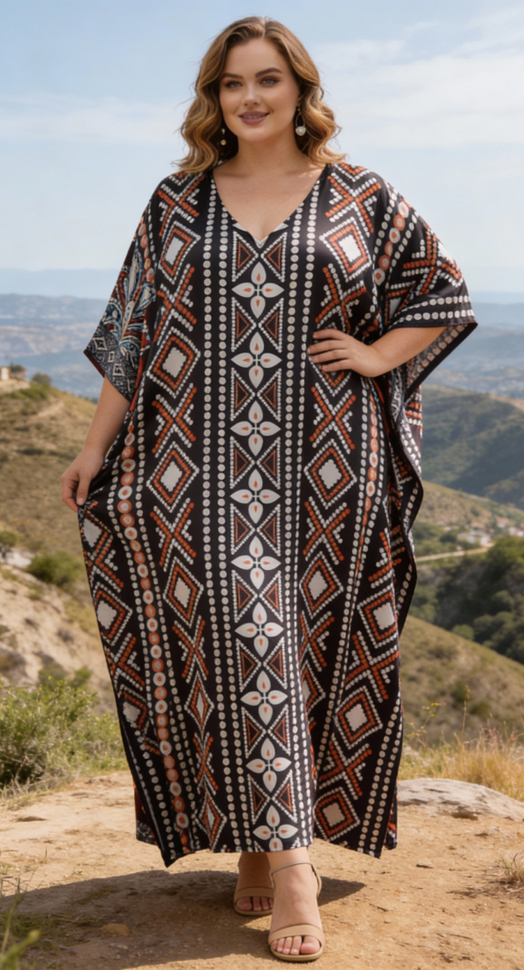 Black & White Geometric Satin Women Plus Size Kaftan Evening Dress