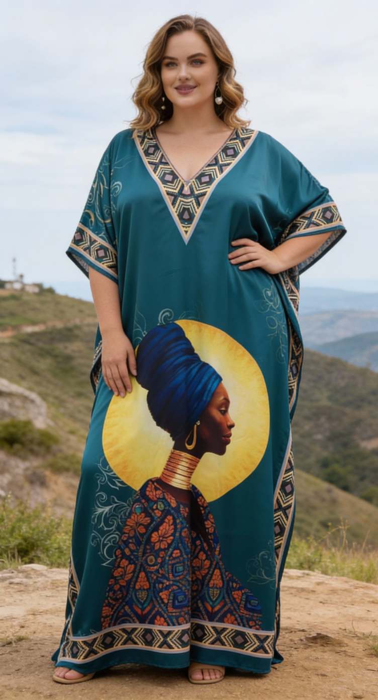 Teal Tribal Satin Women Plus Size Kaftan Resort Dress