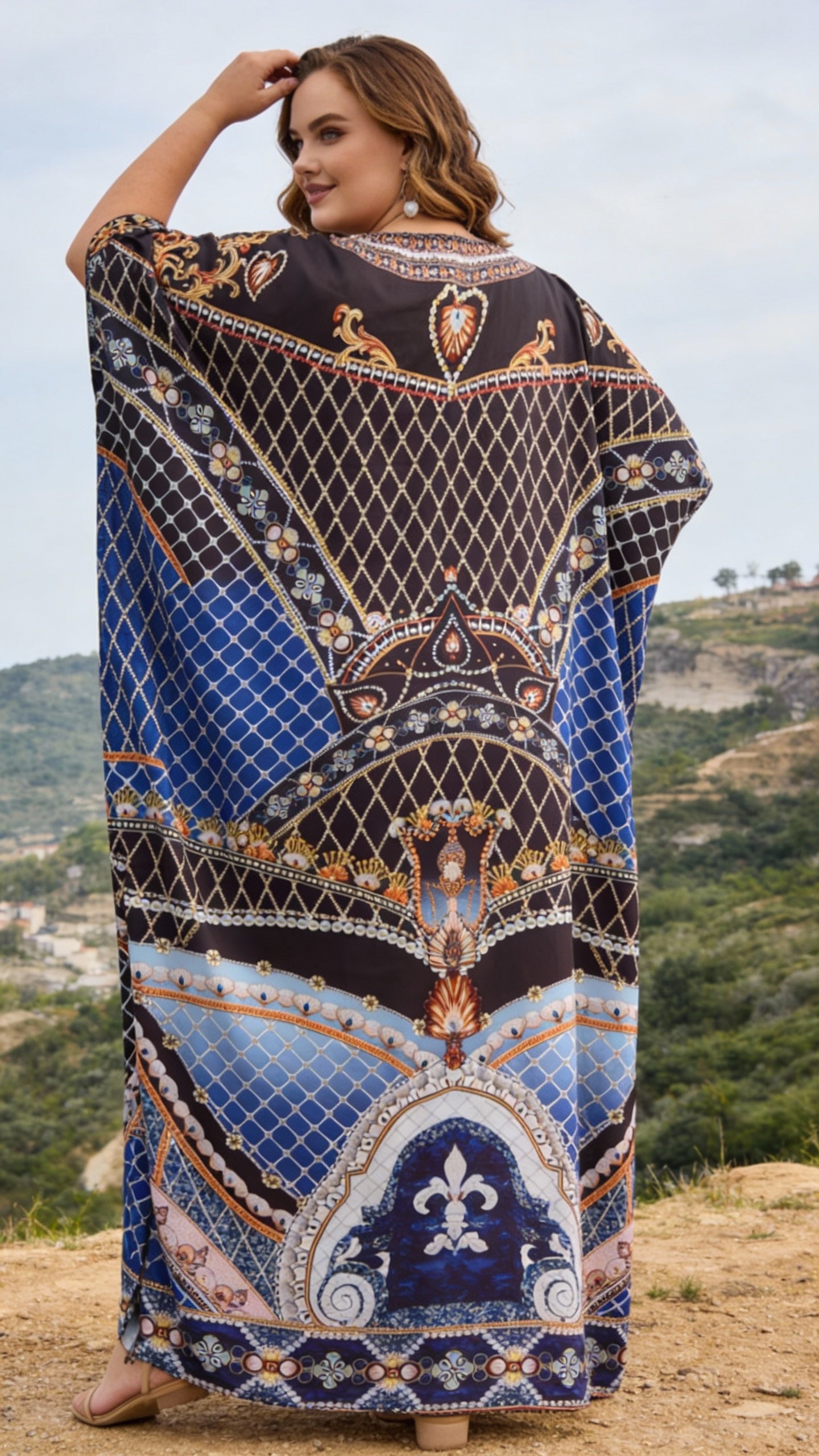 Navy Blue Baroque Satin Women Plus Size Kaftan Lounge Dress