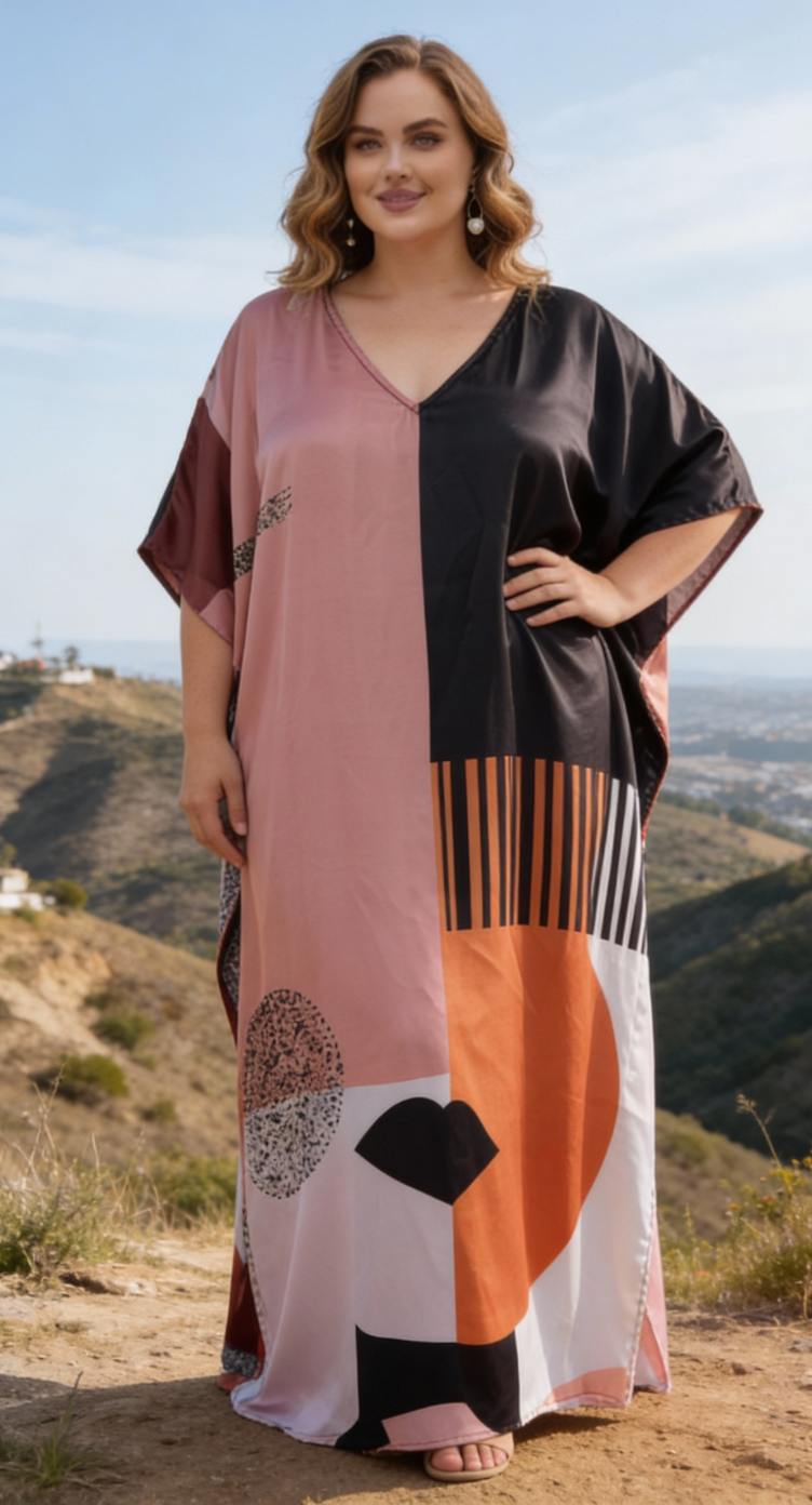 Soft Pink Color Block Satin Women Plus Size Kaftan Summer Dress