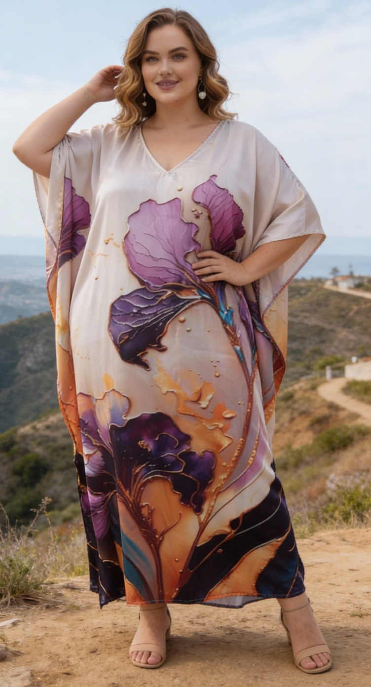 Light Beige Floral Satin Women Plus Size Kaftan Coverup Dress