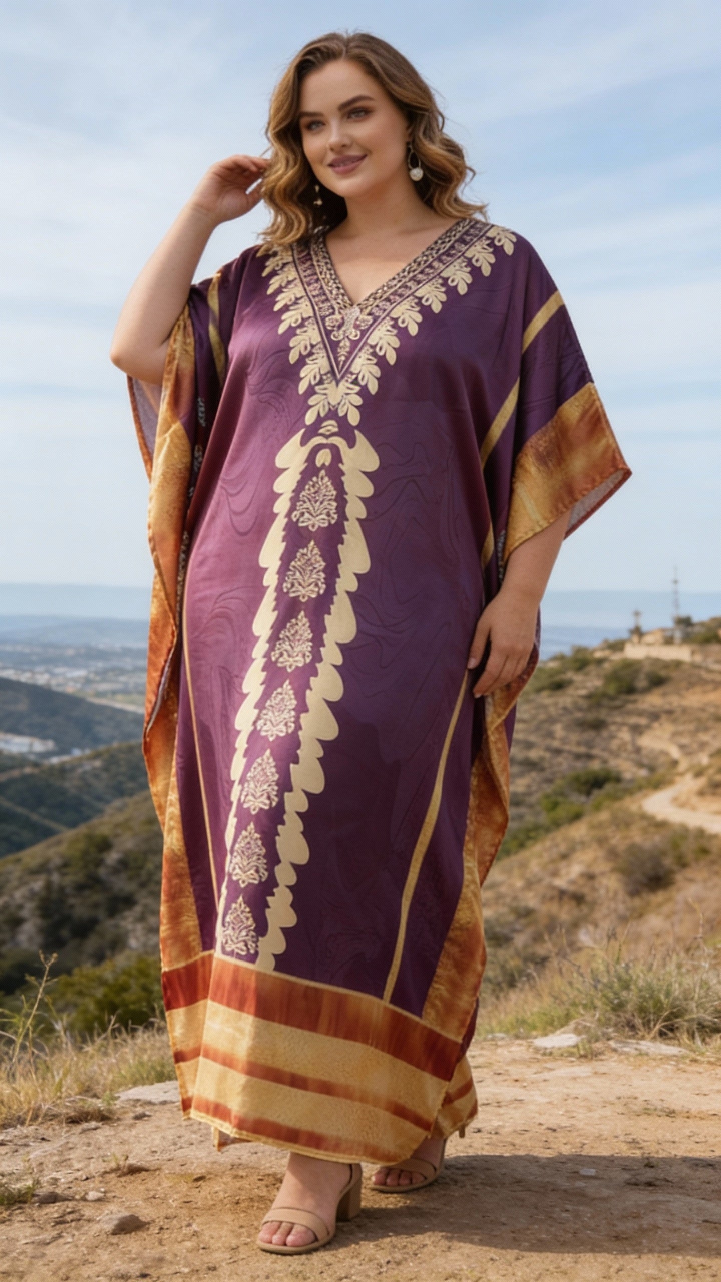 Deep Plum Floral Satin Women Plus Size Kaftan Tropical Dress