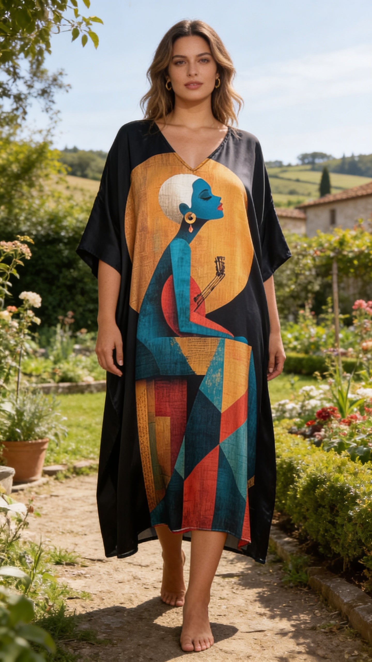 Black Lady Print Satin Women Plus Size Kaftan Loungewear Dress