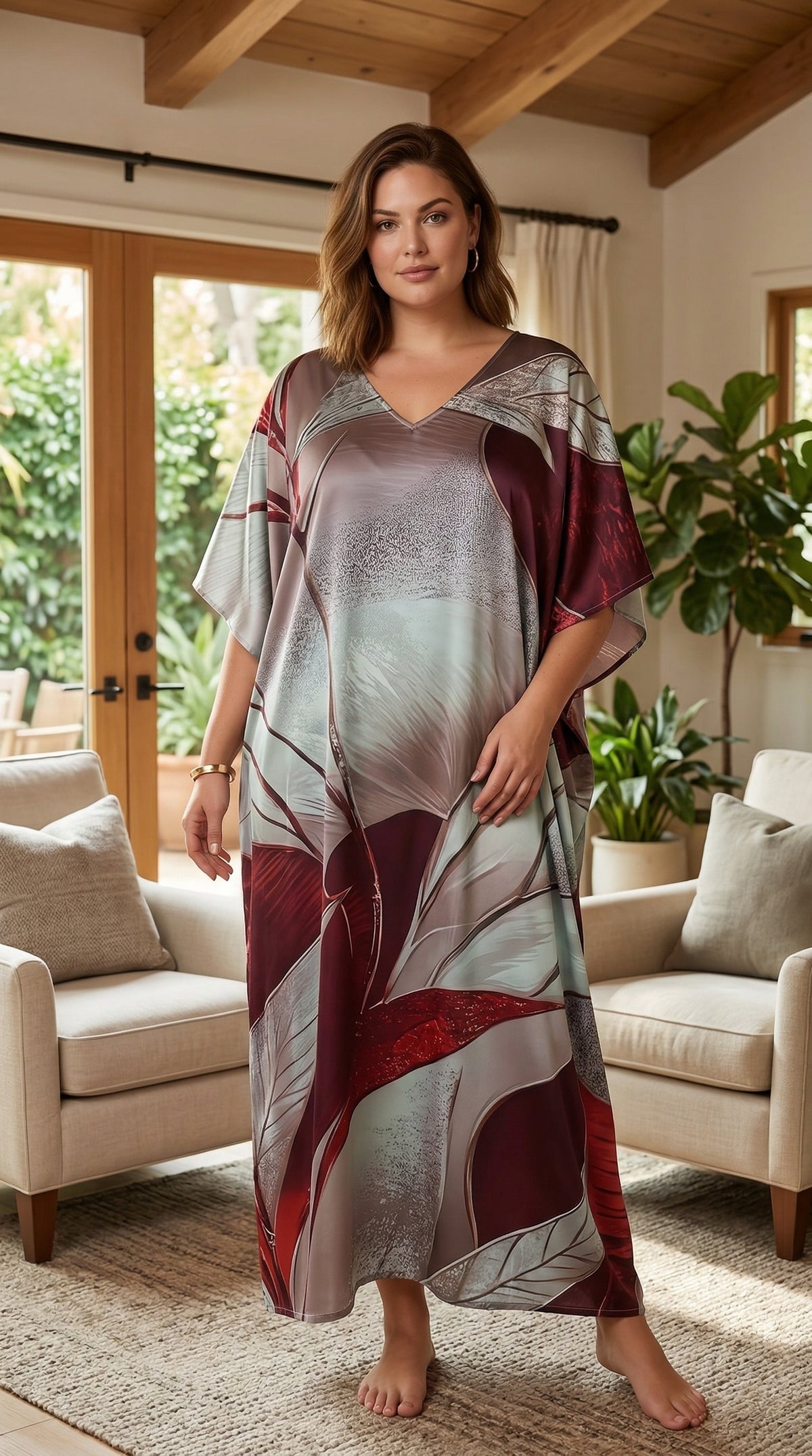 Gray Abstract Satin Plus Size Kaftan Dress for Women 1X-3X V Neck | GypsieBlu