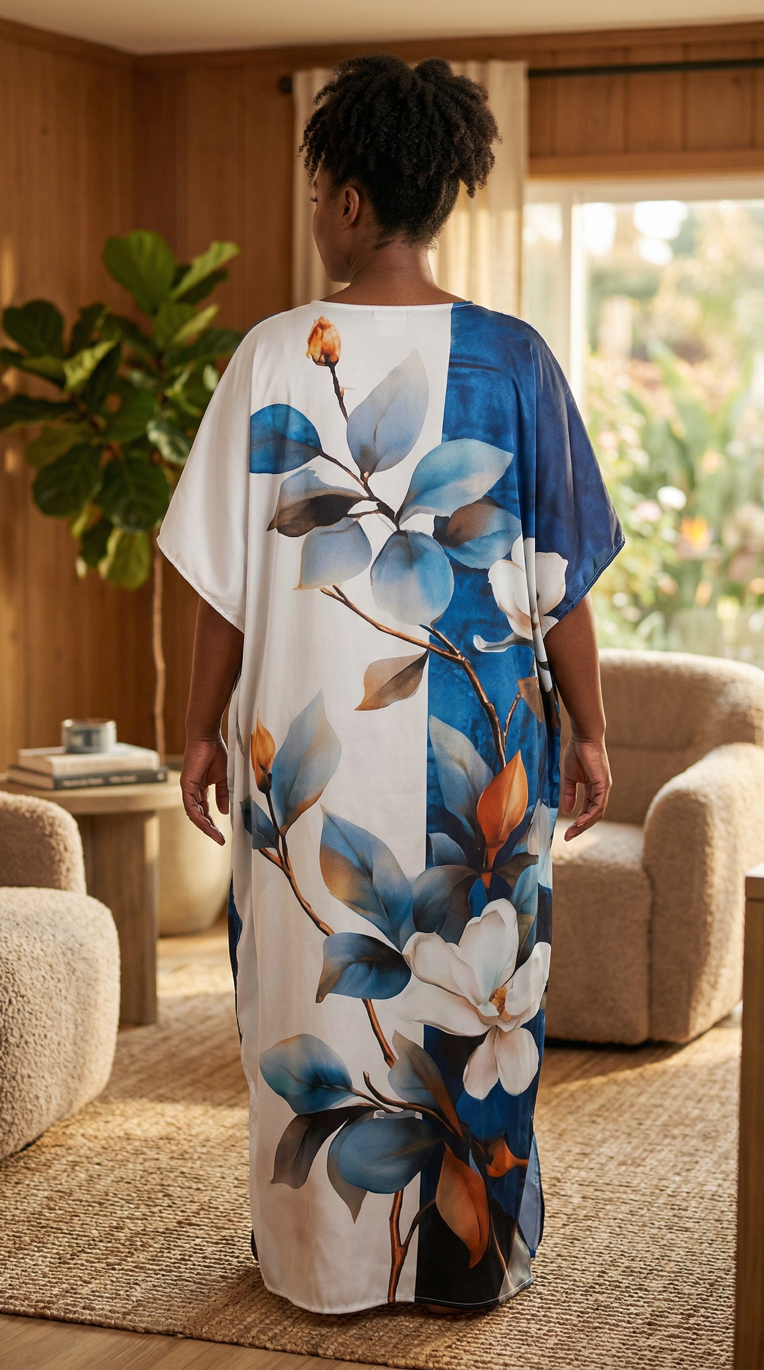 Navy Blue Floral Satin Women Plus Size Kaftan Loungewear Dress