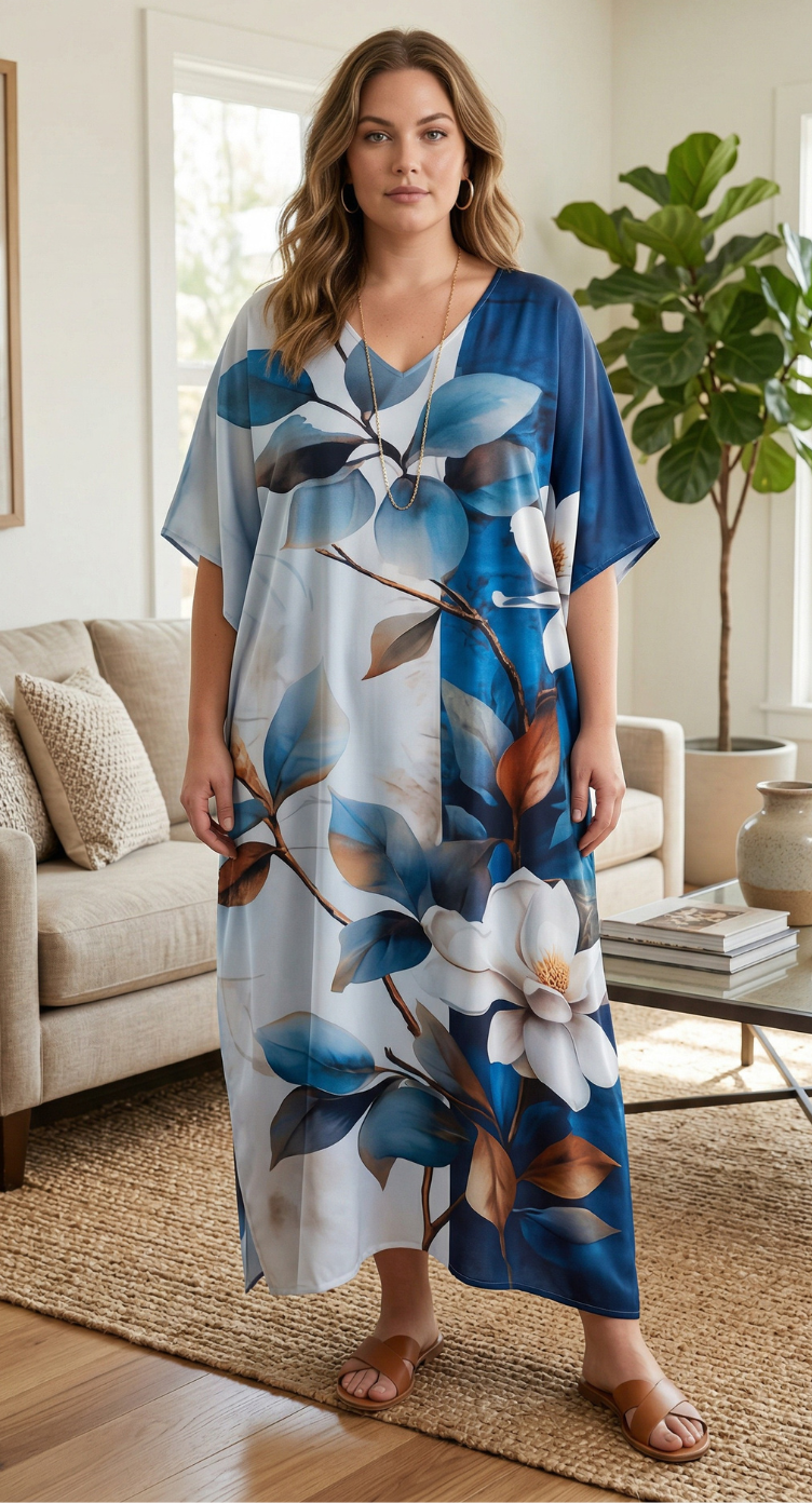 Navy Blue Floral Satin Women Plus Size Kaftan Loungewear Dress