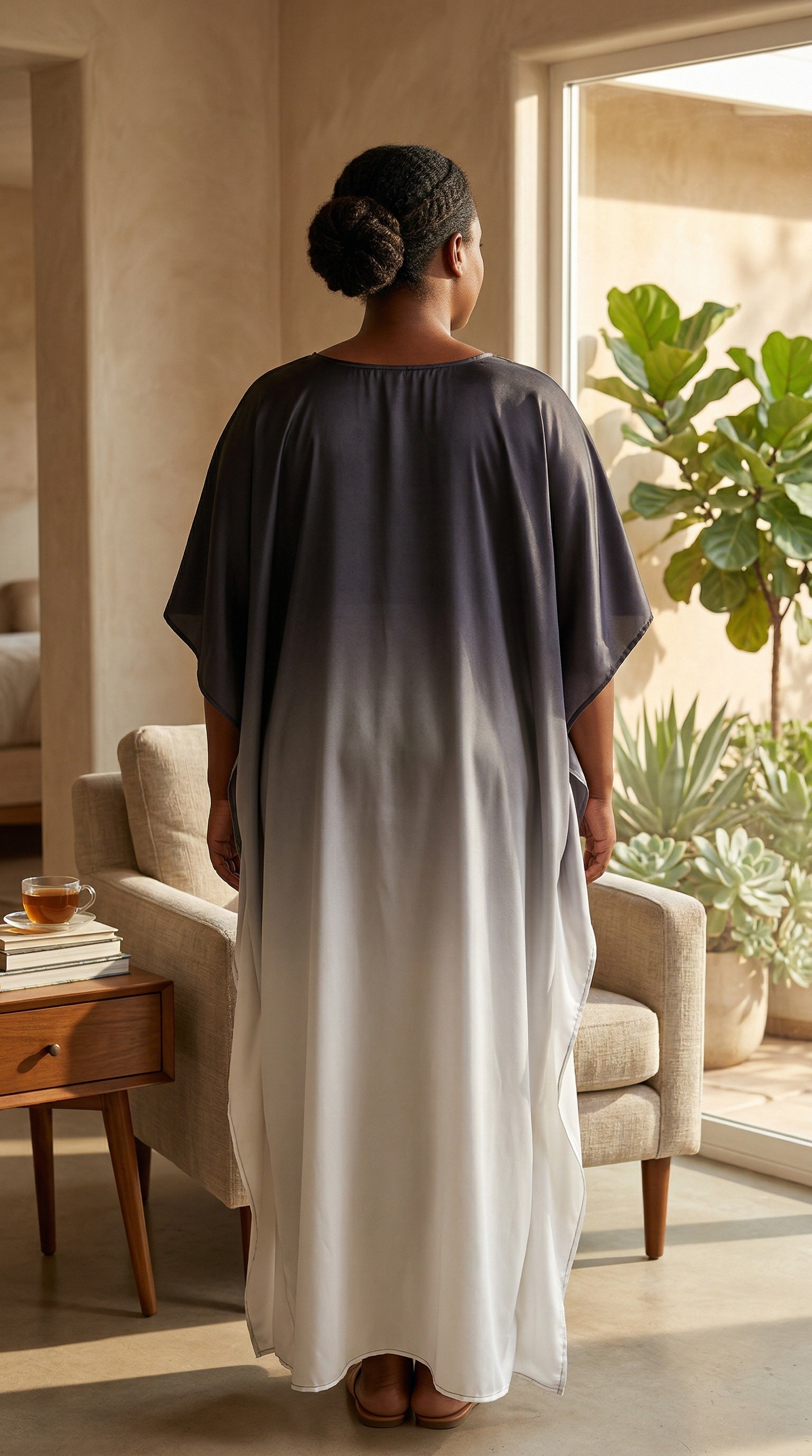 Black & White Ombre Satin Women Plus Size Kaftan Resort Dress