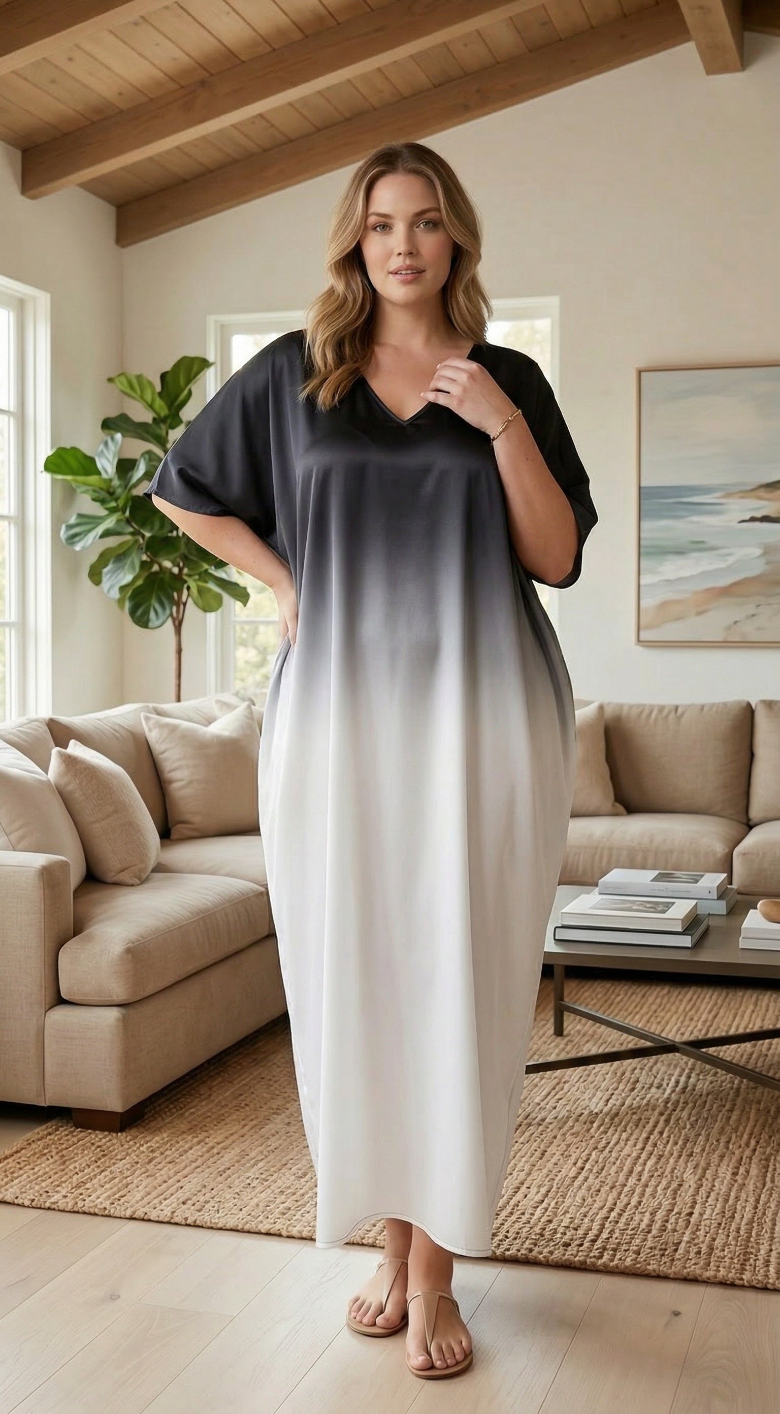 Black & White Ombre Satin Women Plus Size Kaftan Resort Dress