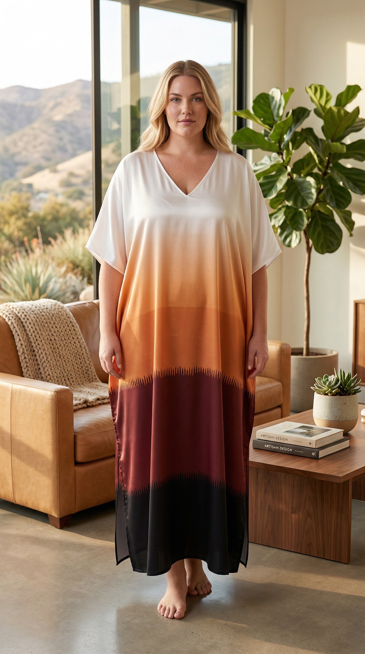 Multicolor Ombre Satin Women Plus Size Kaftan Beach Wear Dress