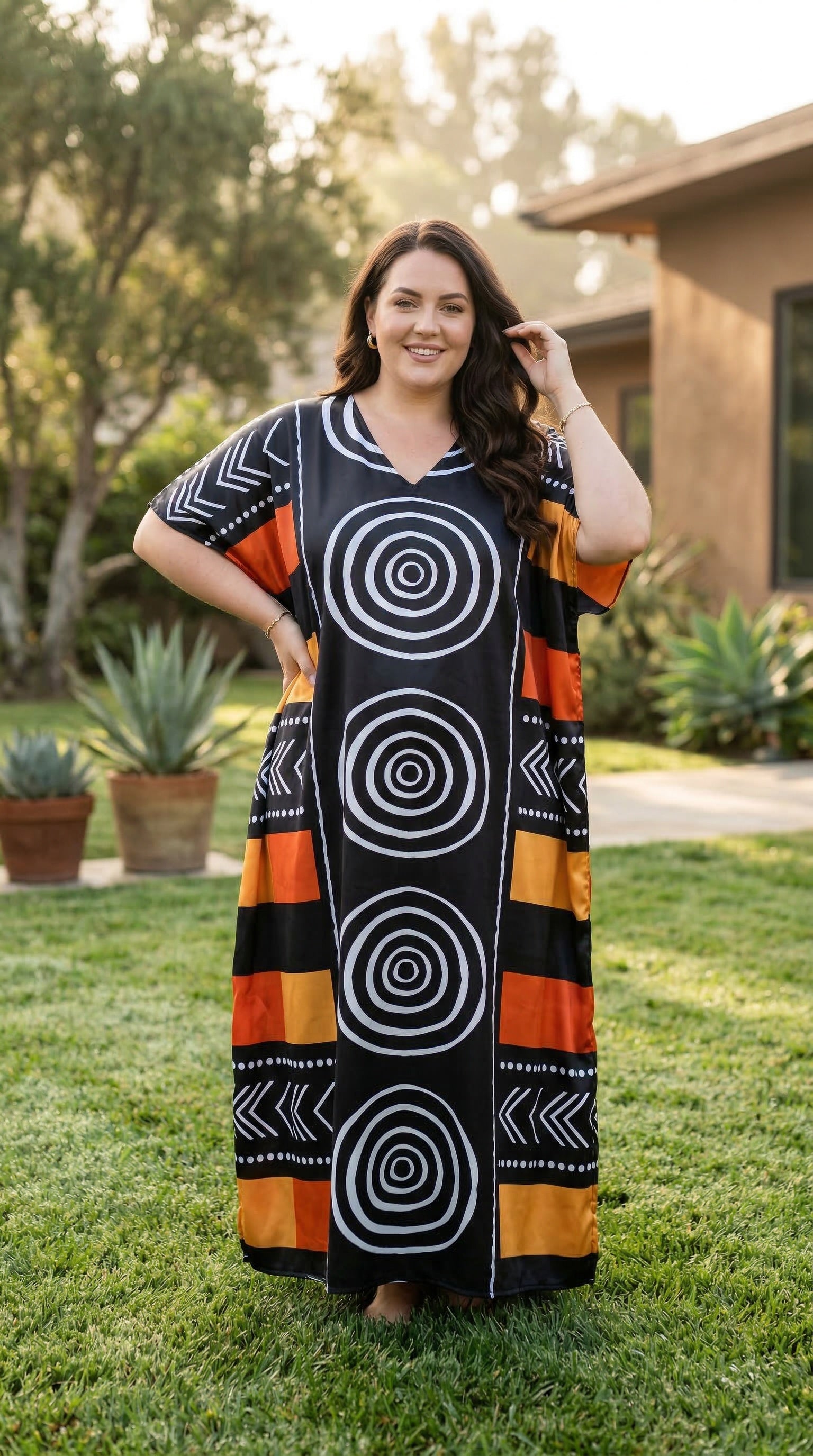 Black Geometric Satin Women Plus Size Kaftan Elegant Dress