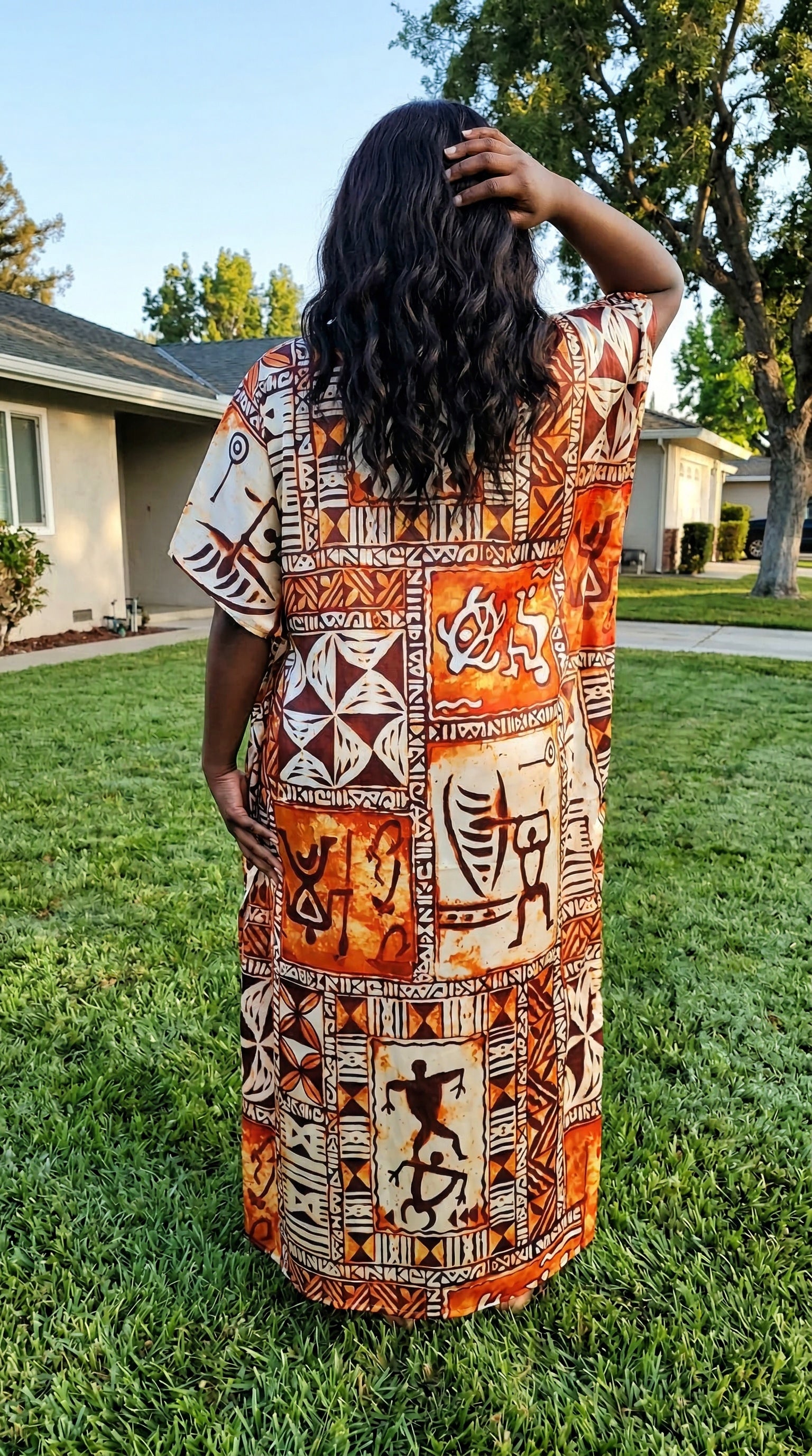 Orange Tribal Satin Women Plus Size Kaftan Dress