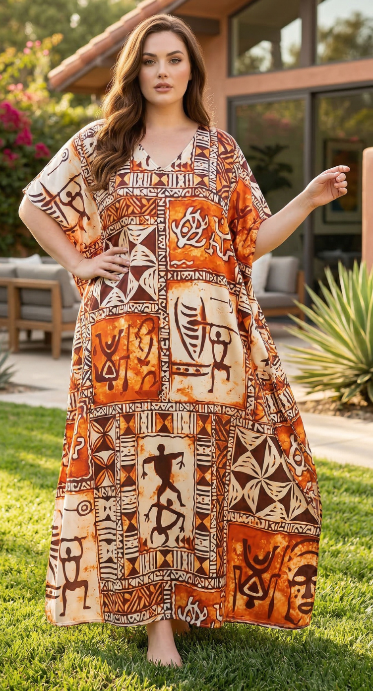 Orange Tribal Satin Women Plus Size Kaftan Dress