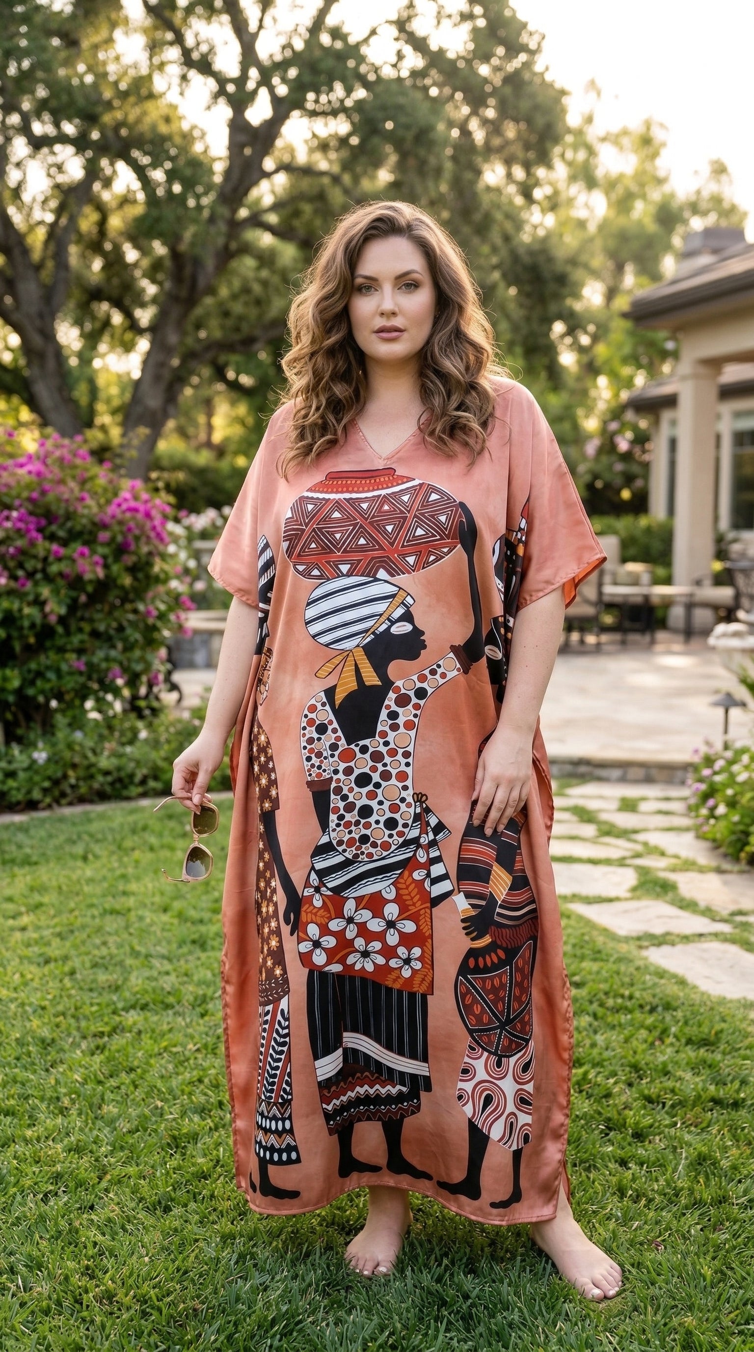 Terracotta Tribal Print Satin Women Plus Size Kaftan Tropical Dress 1X-3X