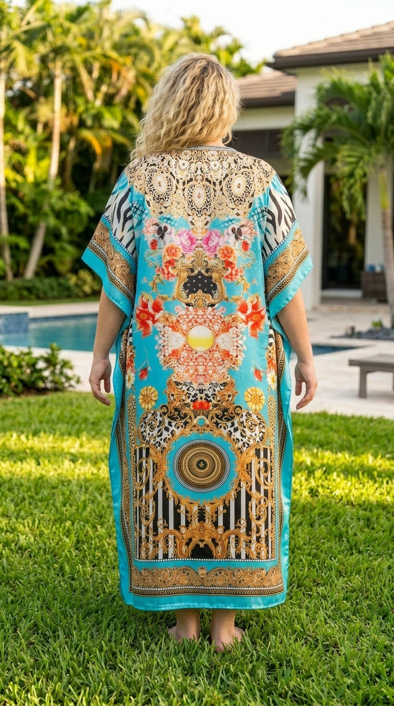 Turquoise Tropical Satin Women Plus Size Kaftan Vacation Dress