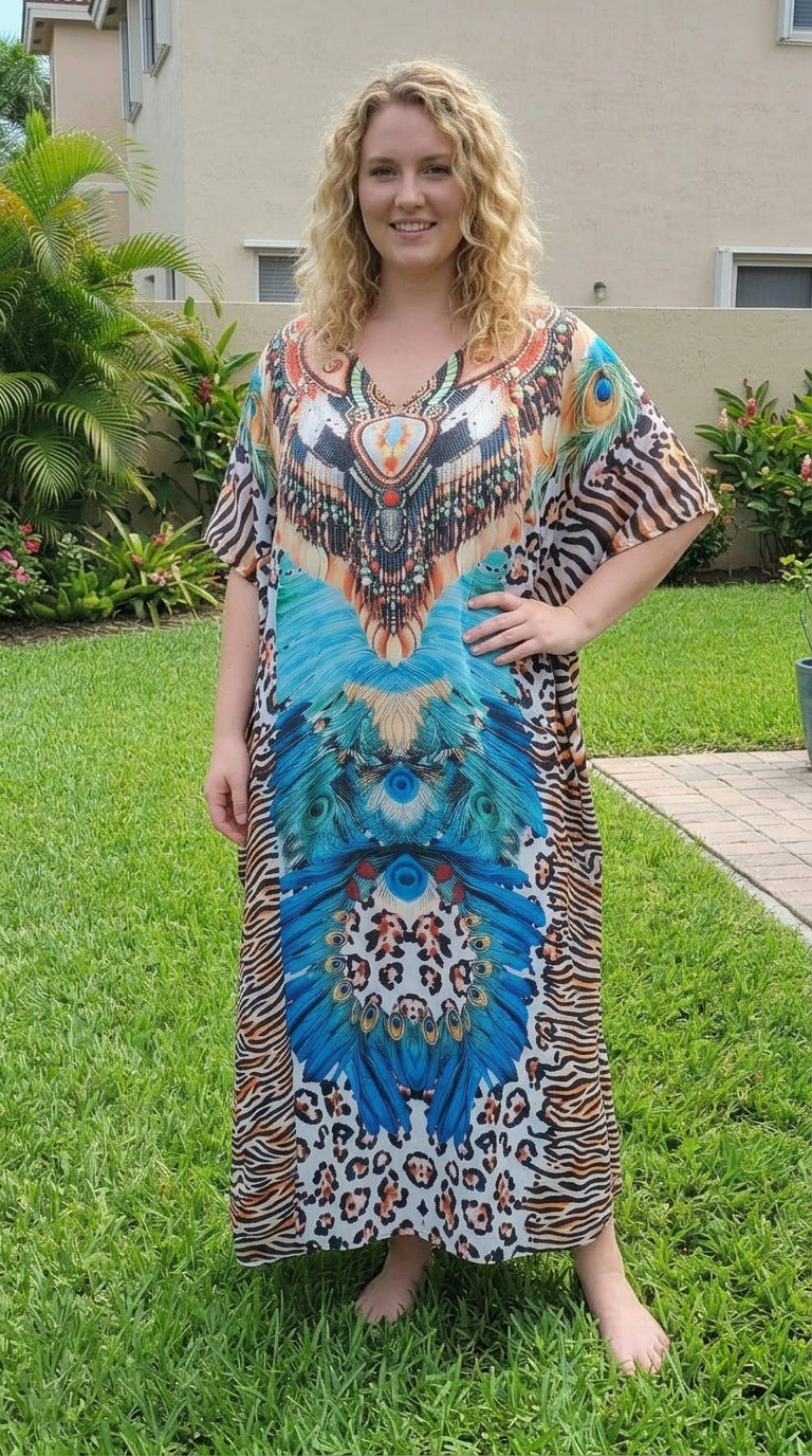 Turquoise Animal Print Satin Women Plus Size Kaftan Resort Dress