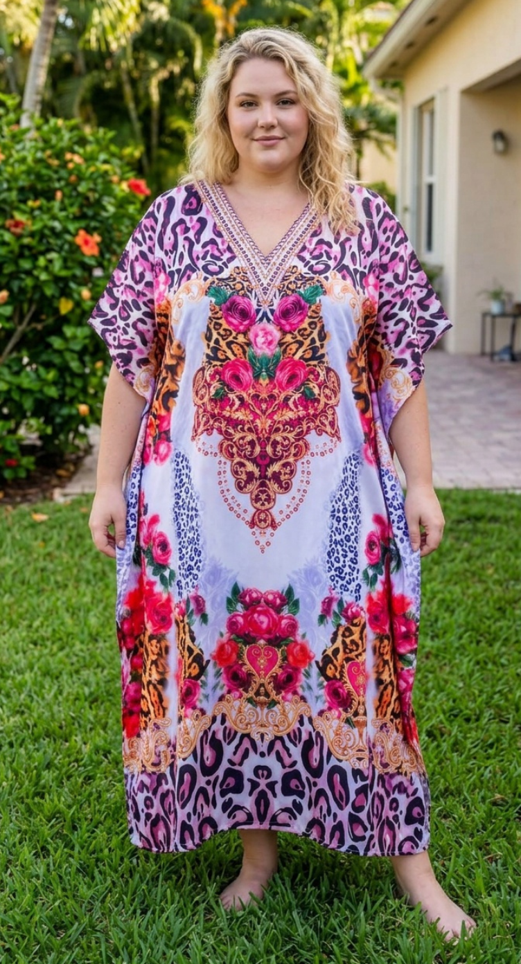 Lavender Floral Satin Women Plus Size Kaftan Elegant Dress