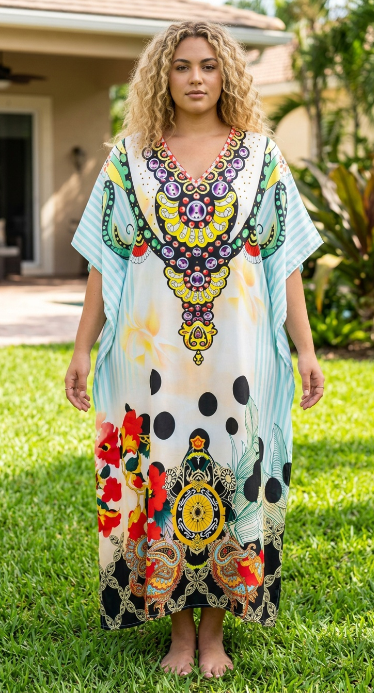 Mint Green Ornamental Print Satin Women Plus Size Kaftan Summer Dress