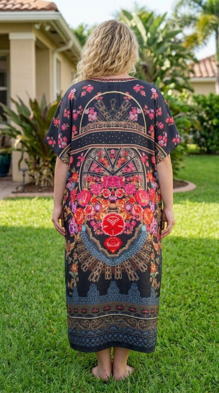 Black Floral Satin Women Plus Size Kaftan Evening Dress