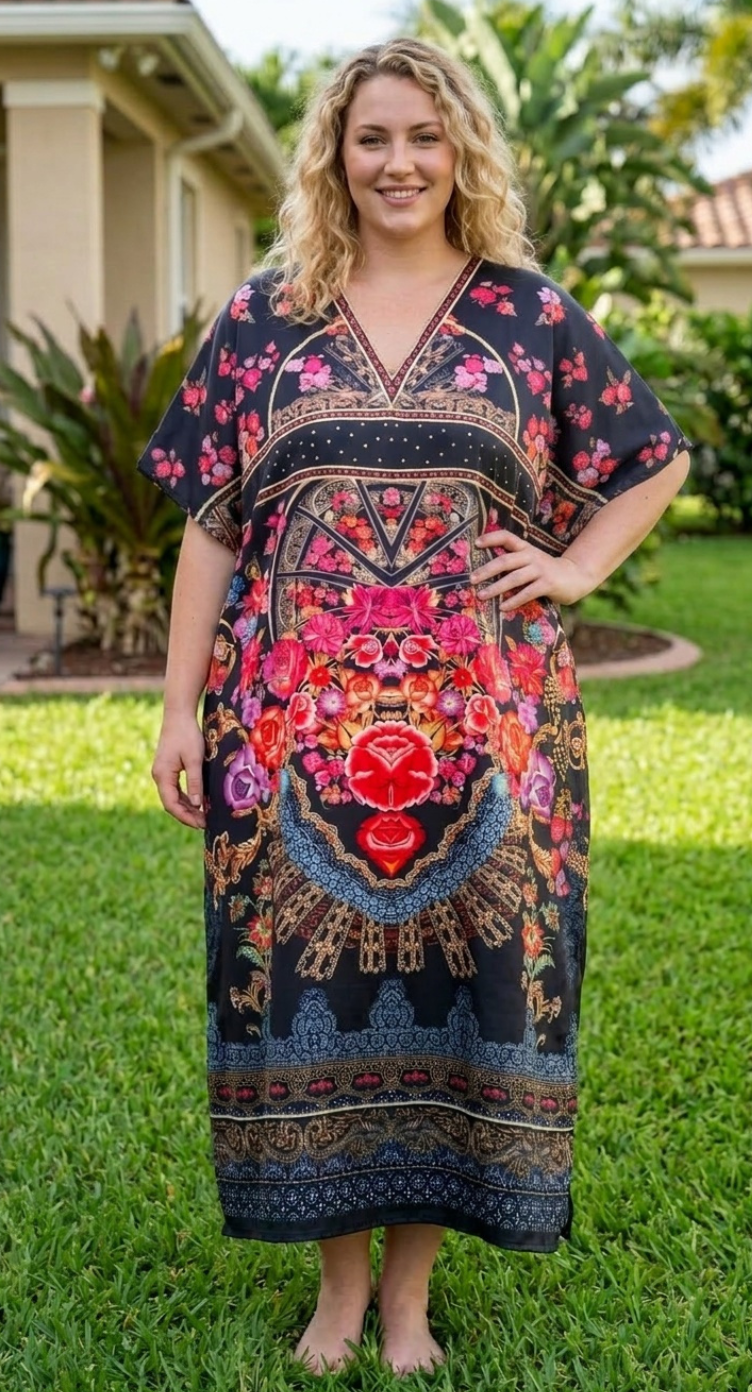 Black Floral Satin Women Plus Size Kaftan Evening Dress