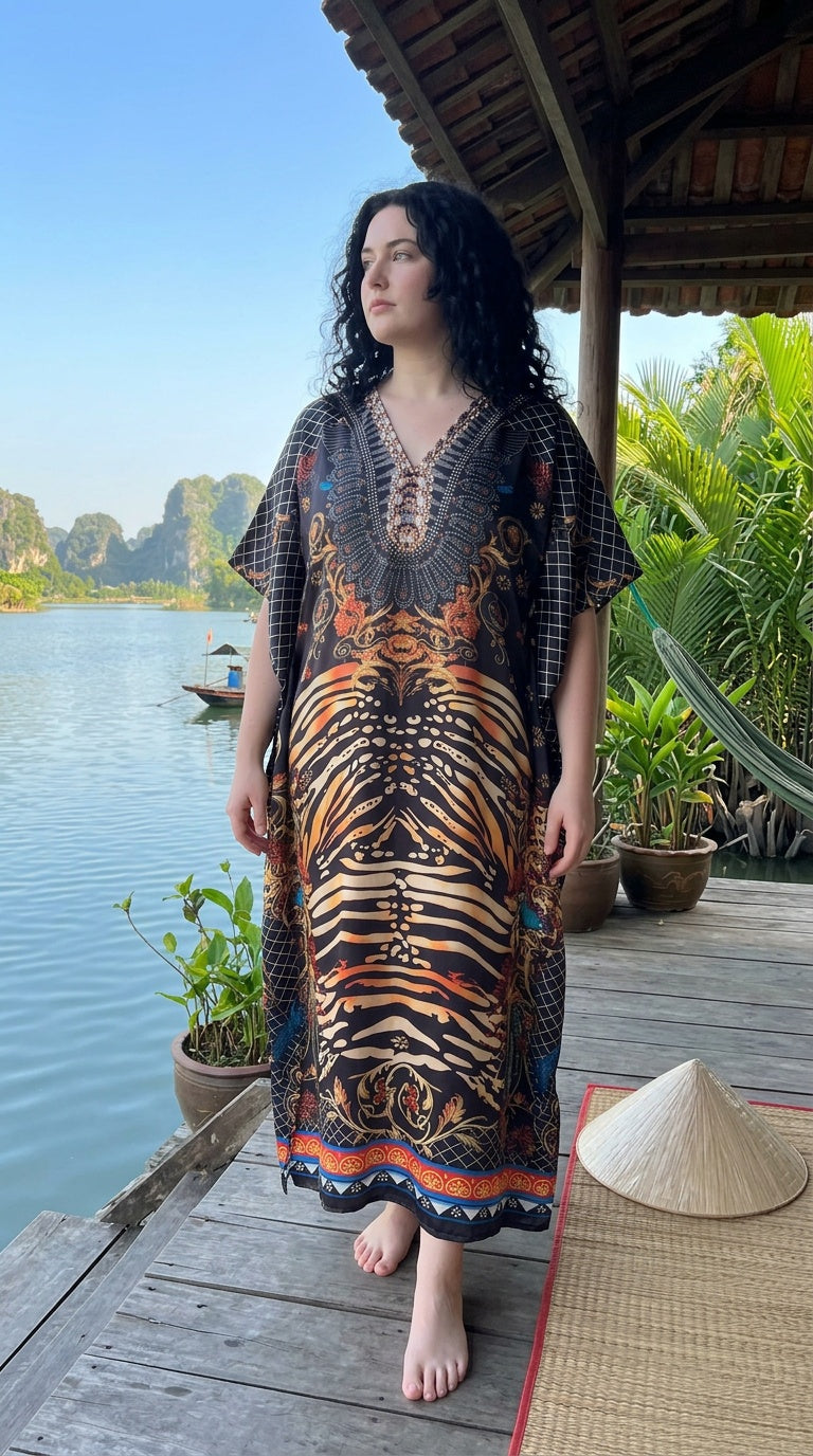 Black Animal Print Satin Women Plus Size Kaftan Resort Dress