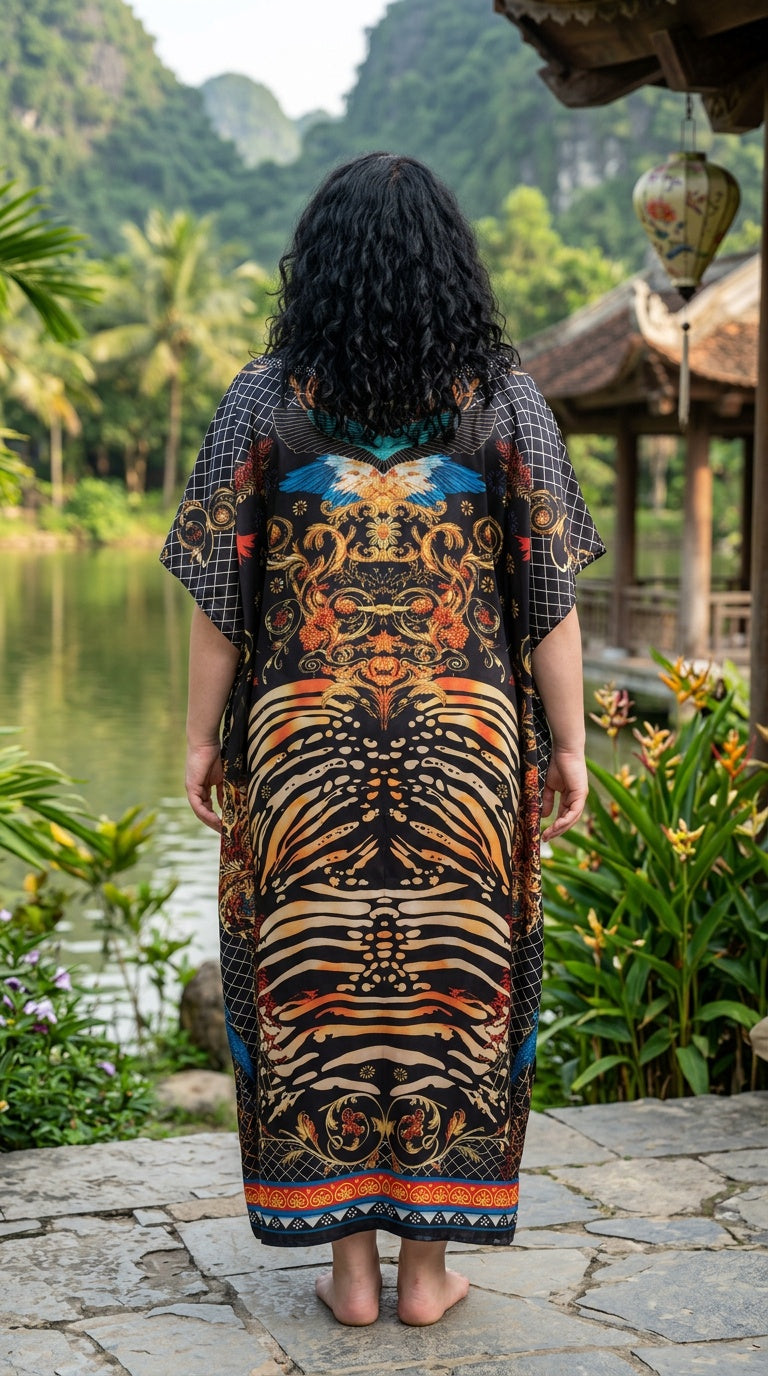 Black Animal Print Satin Women Plus Size Kaftan Resort Dress