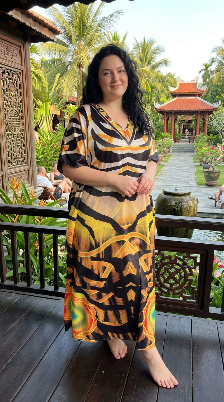 Orange Abstract Satin Women Plus Size Kaftan Brunch Dress