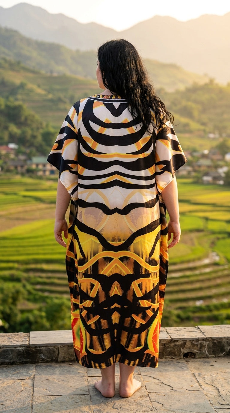 Orange Abstract Satin Women Plus Size Kaftan Brunch Dress