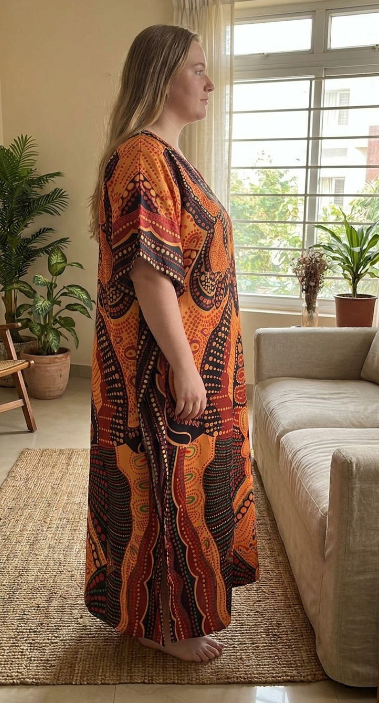 V Neck neckline light peach kaftan plus size women.