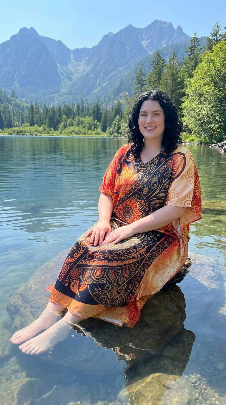 Orange Mandala Print Satin Women Plus Size Kaftan Holiday Dress 1X-3X