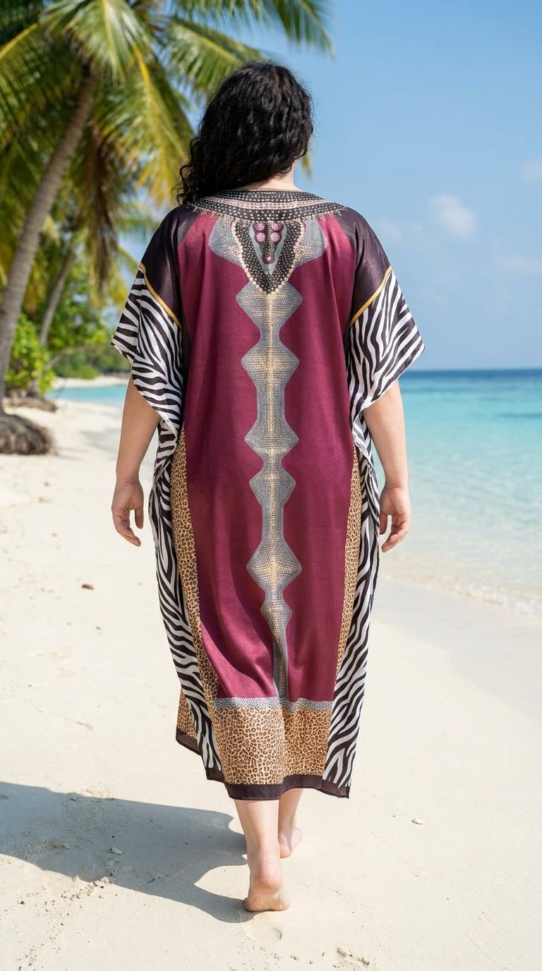 Burgundy Ornamental Print Satin Women Plus Size Kaftan Travel Dress 1X-3X
