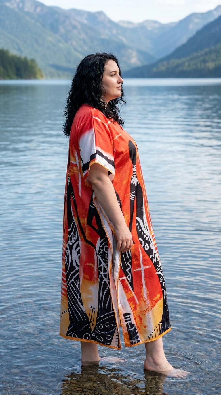 Red Tribal Print Satin Women Plus Size Kaftan Evening Dress 1X-3X
