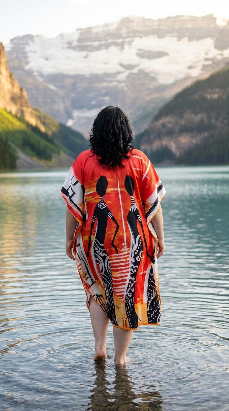 Red Tribal Print Satin Women Plus Size Kaftan Evening Dress 1X-3X